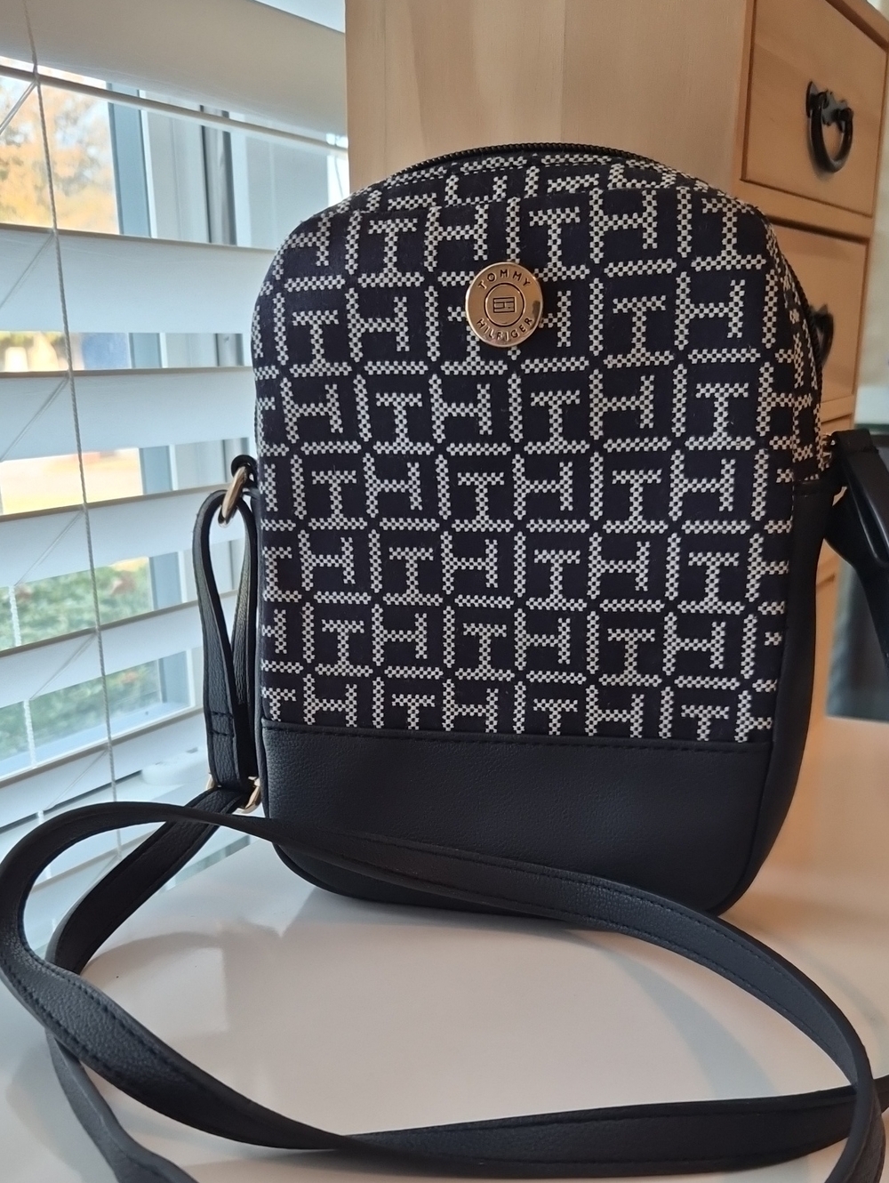 Tommy Hilfiger Monogram Crossbody Bag Navy Blue White Jacquard